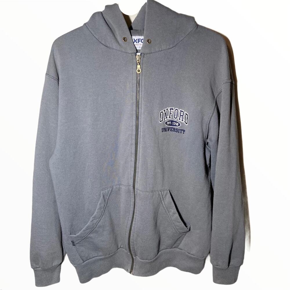 Oxford University Full Zip Hoodie Embroidered Sweatshirt Hand Pockets Gray M